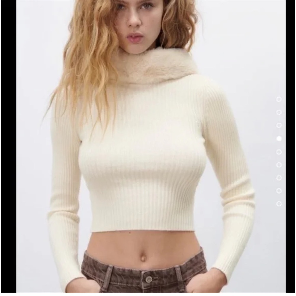 NWT Zara Faux Fur Cream Hooded Sweater, Size Medium